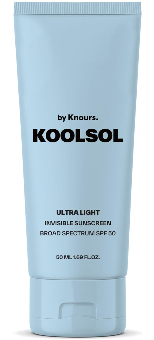 KOOLSOL Sunscreen bottle closeup shows lightweight SPF50 protection for daily use