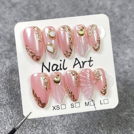 koopnati handmade press on nails short almond pink with 3D design for a salon-like finish at home