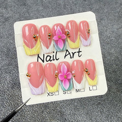 koopnati handmade press-on nails square pink 3D summer flower for a vibrant at-home manicure