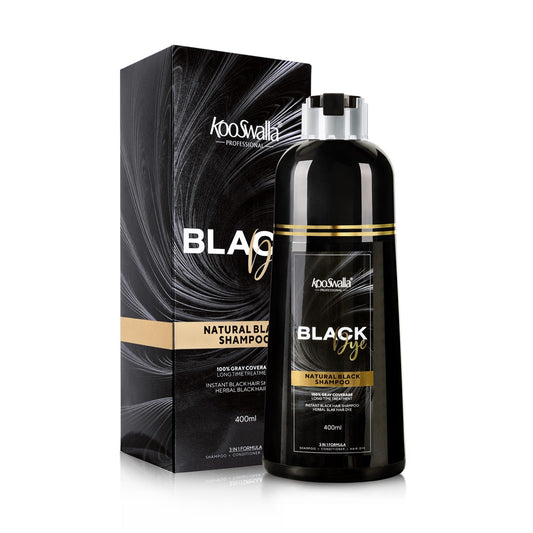 KooSwalla Black Hair Dye Shampoo bottle shows 3-in-1 color and nourishment for at-home color.