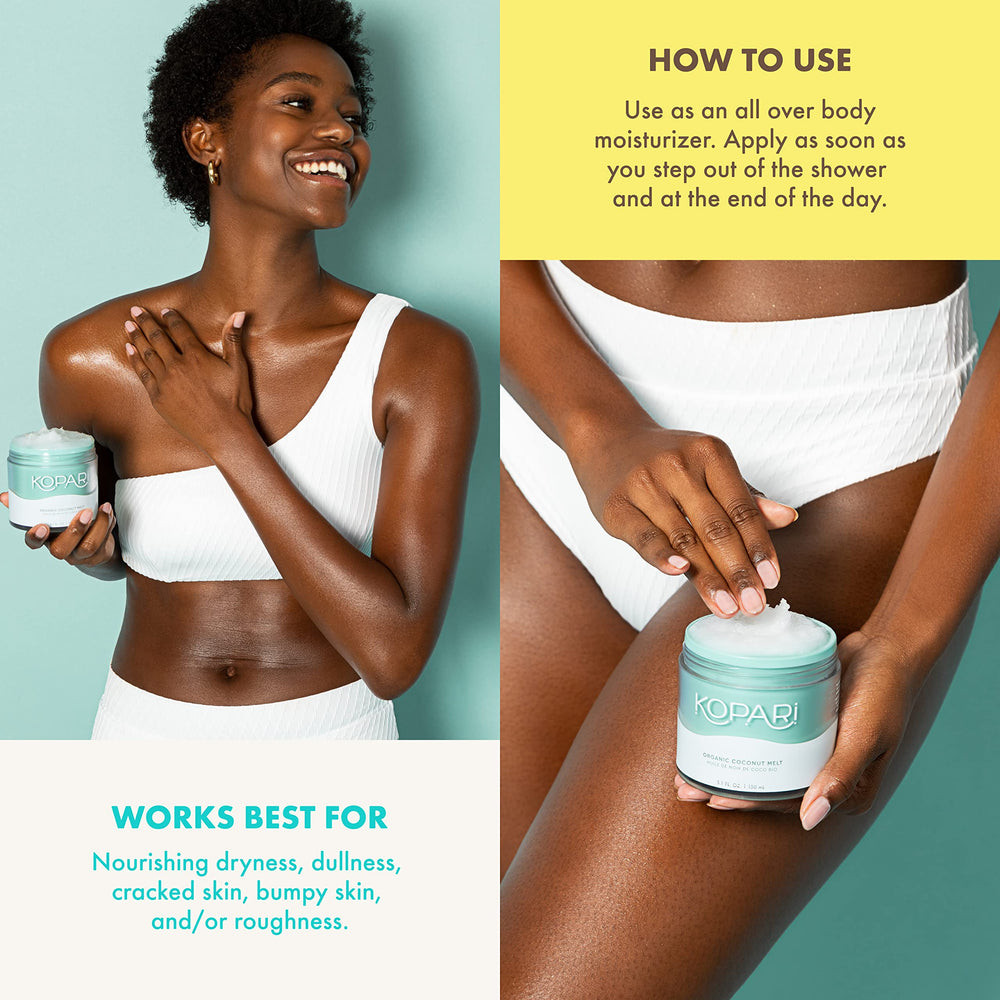 Kopari Coconut Melt used on hair and face for hydration.