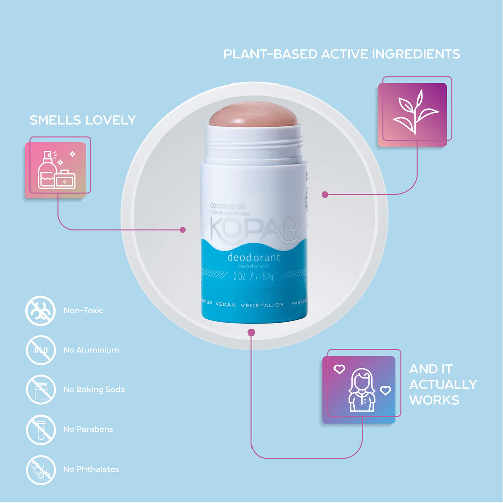 Kopari deodorant glide close-up demonstrates non-sticky, transparent application.