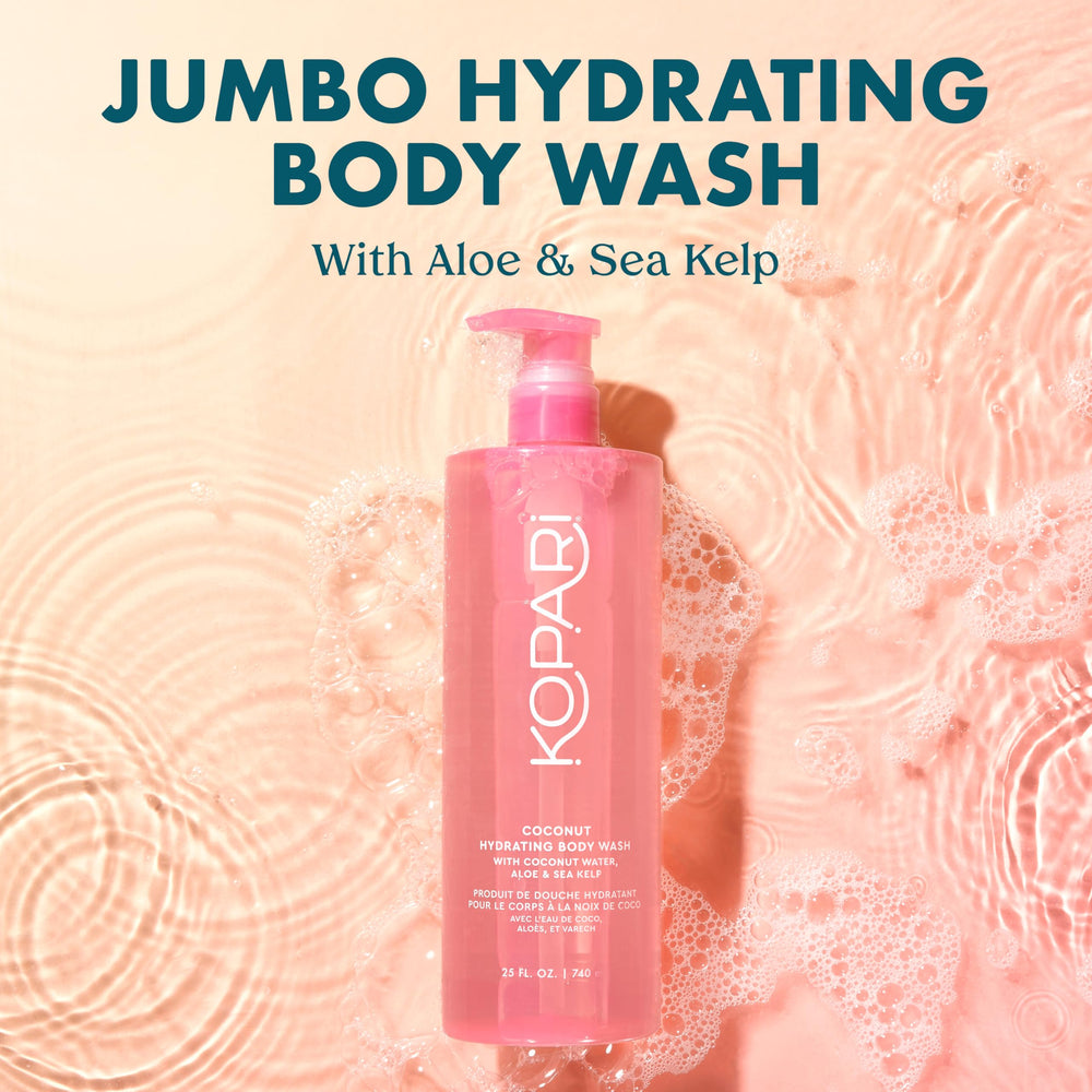 Kopari Jumbo Coconut Hydrating Body Wash gel-to-foam texture in action