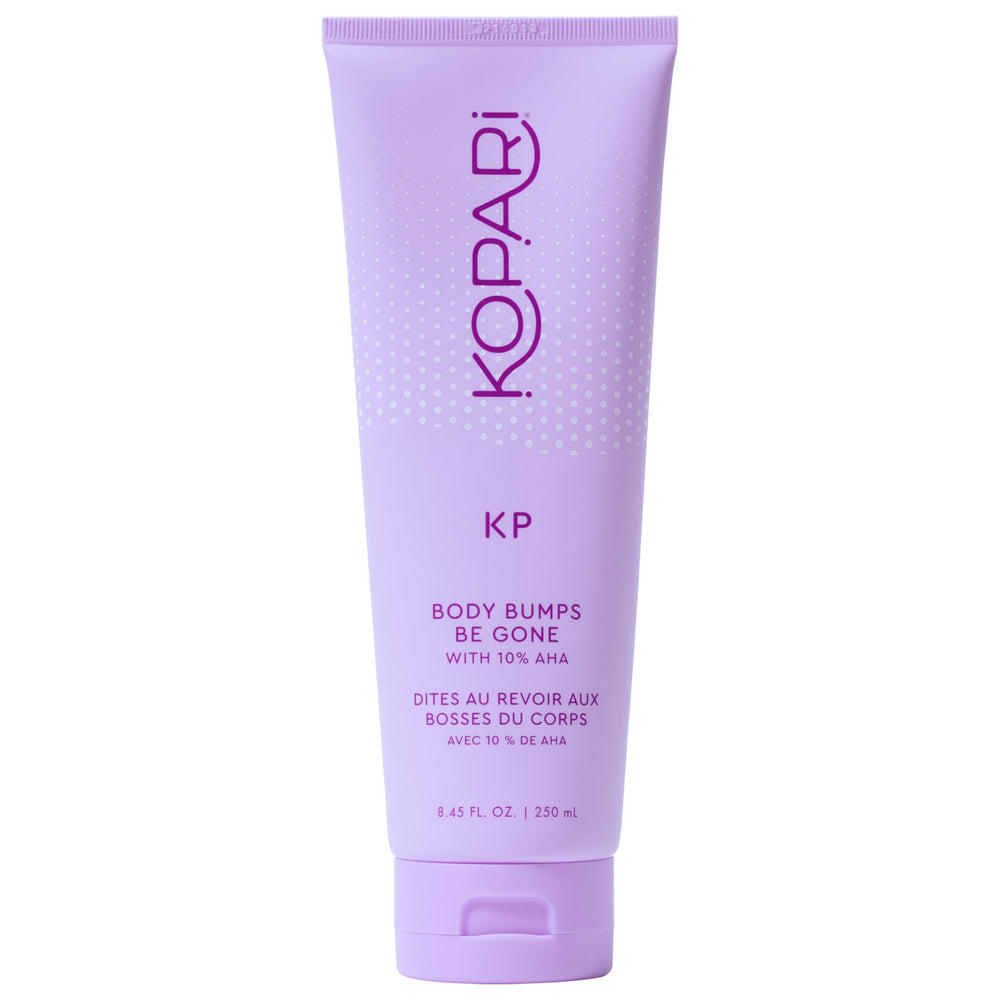 Kopari KP Body Bumps Exfoliator bottle enhances skin texture for smoother results.