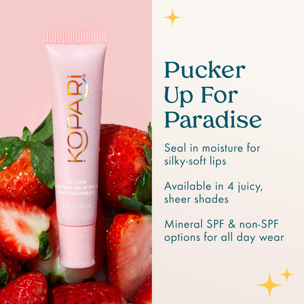Kopari Lip Love delivers a non-sticky, weightless finish with pink tint.