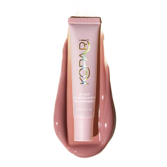 Kopari Lip Love Moisture Balm with pink strawberry tint for sheer hydration on lips.