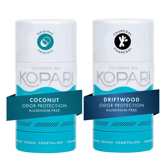 Kopari aluminum-free coconut deodorant original packaging front showing clean, aluminum-free protection.