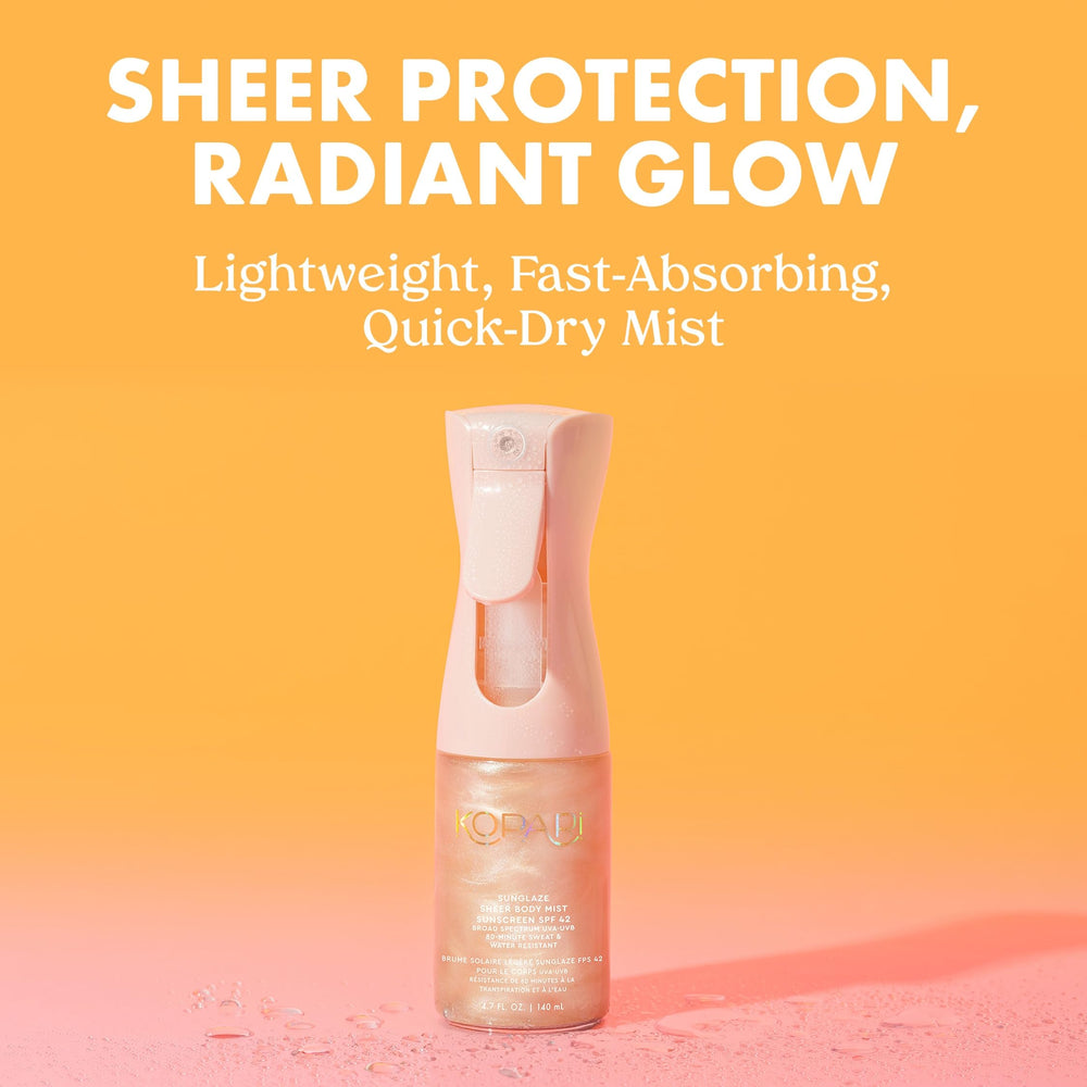 Kopari Rose Gold Sunglaze spray shows even mist for easy hydration