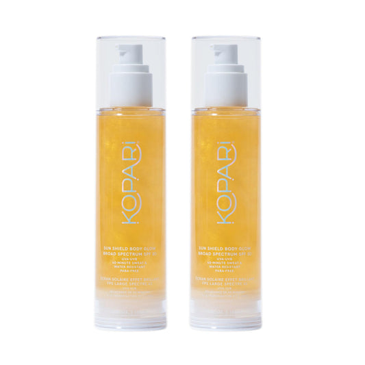 Kopari Sun Shield Body Glow bottle, lightweight gel texture delivering a natural glow.