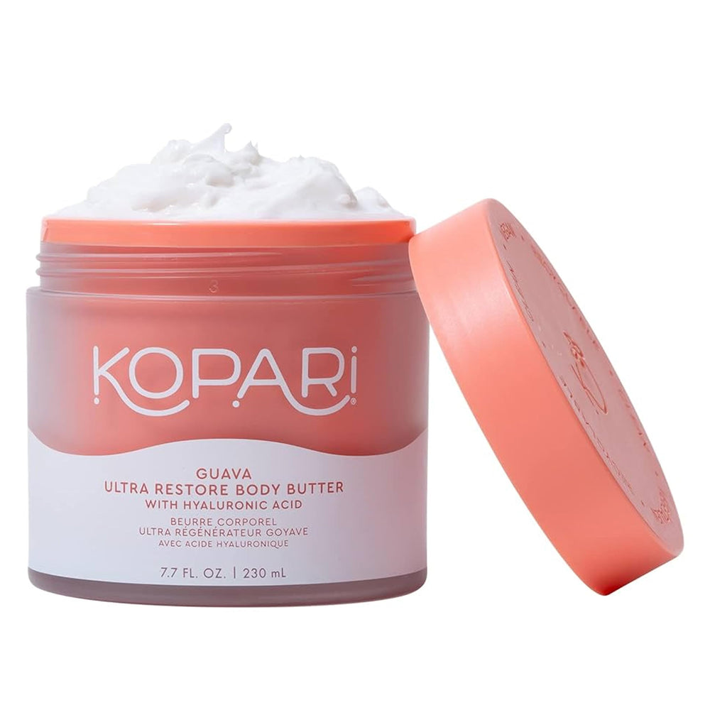Kopari Ultra Restore Body Butter jar shows rich hydration and soft skin texture
