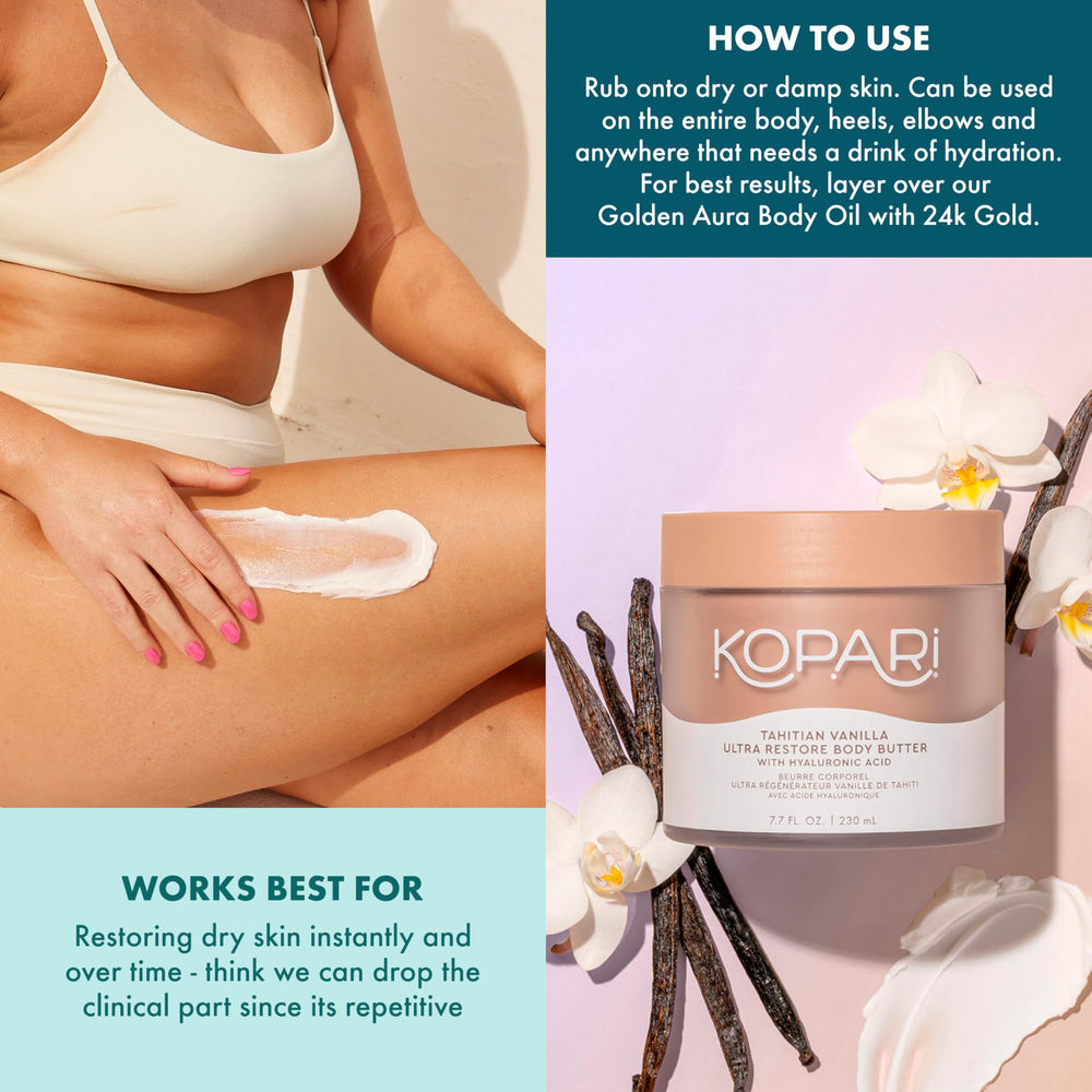 Kopari Ultra Restore with mango butter visual emphasizes silky softness.