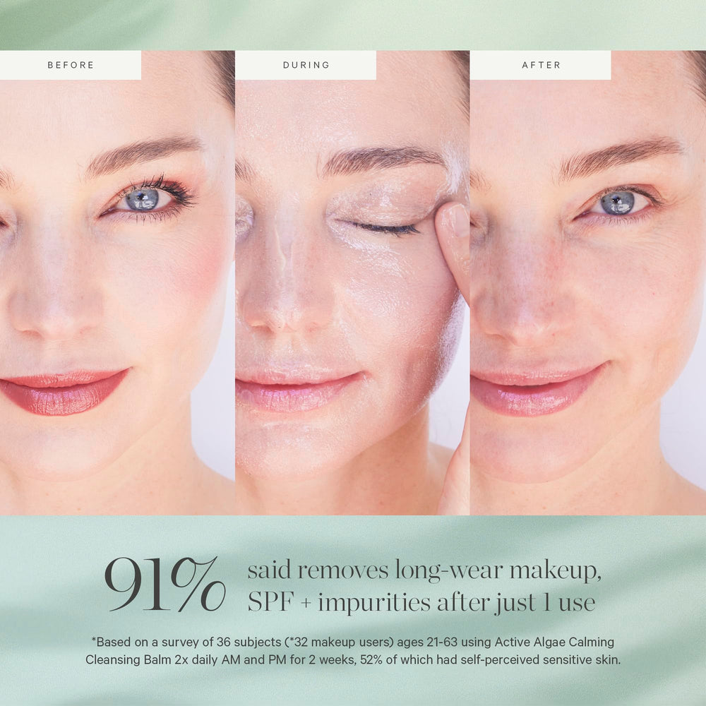 KORA Organics Active Algae Calming Cleansing Balm spatula application illustrates easy cleansing ritual.