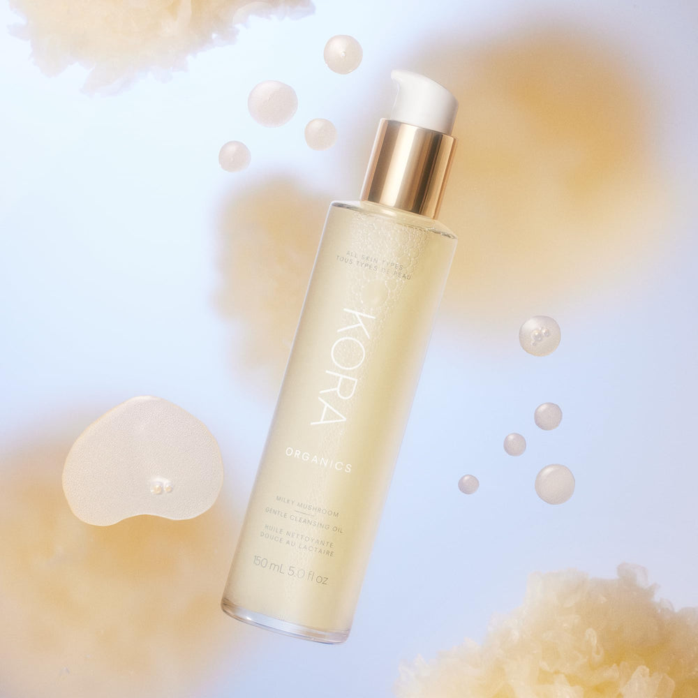 KORA Organics Milky Mushroom Oil Cleanser massage on damp skin with 3–5 pumps