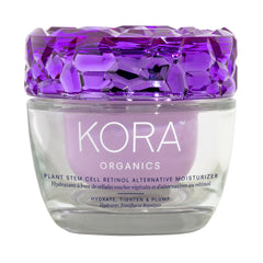 KORA Organics Plant Stem Cell Retinol Alternative Moisturizer bottle angle highlights hydrating benefits.