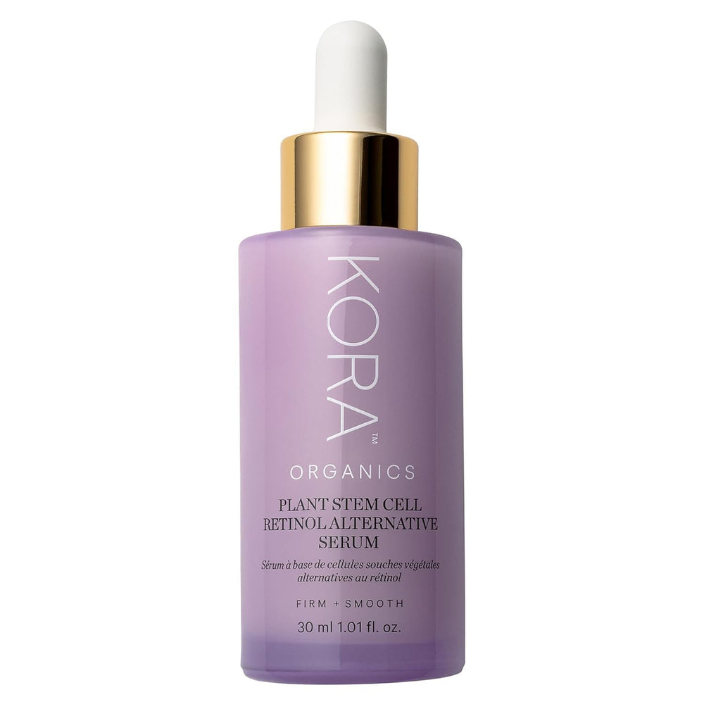 KORA Organics Plant Stem Cell Serum bottle close-up highlighting premium packaging and glow