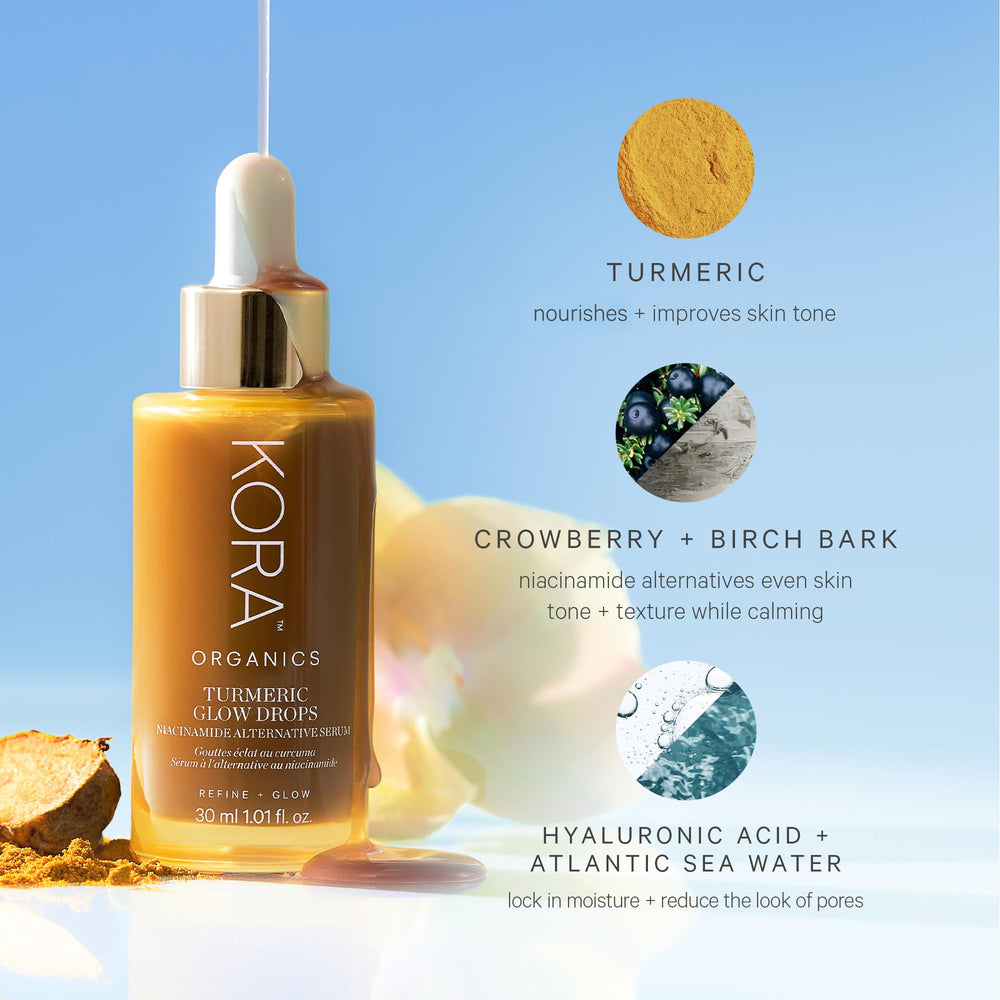 KORA Organics Turmeric Glow Drops cedarwood oil note enhances soothing scent.