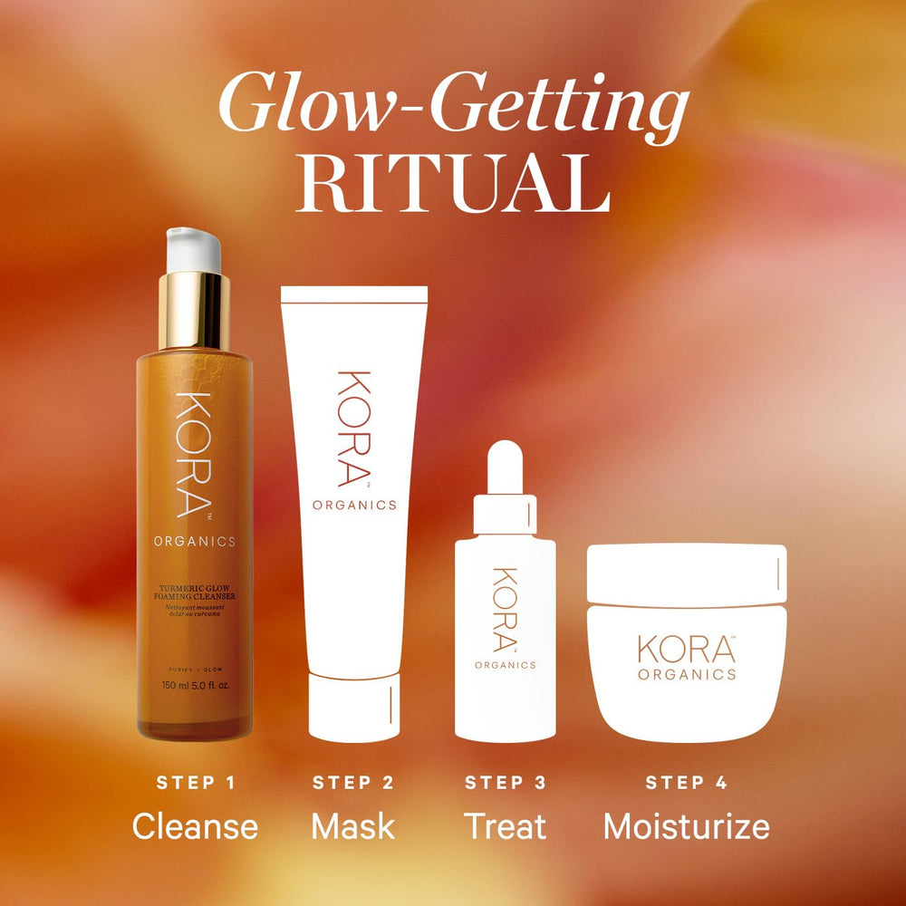Packaging shot shows KORA Organics Turmeric Glow Foaming Cleanser with certifications.