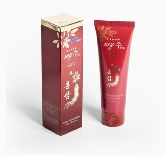 Korean Red Ginseng Foam Cleansing bottle demonstrates gentle cleanse for makeup removal.