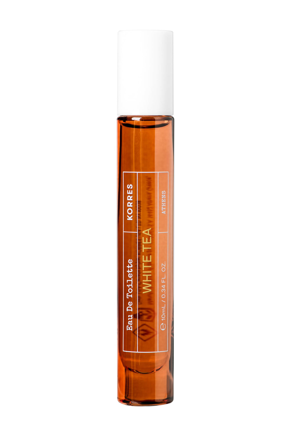 KORRES White Tea 10ml bottle showcases a portable, fresh fragrance for on-the-go use.