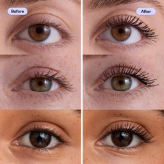 Kosas Blush Soulgazer Mascara on lashes shows lengthening and fluttery finish.