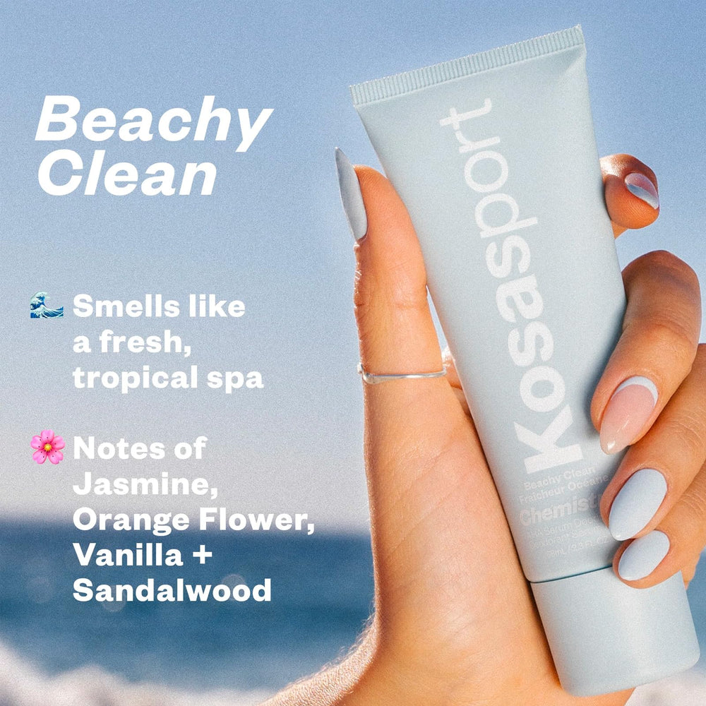 Kosas Chemistry Deodorant roll-on application shows quick-drying, skin-friendly use