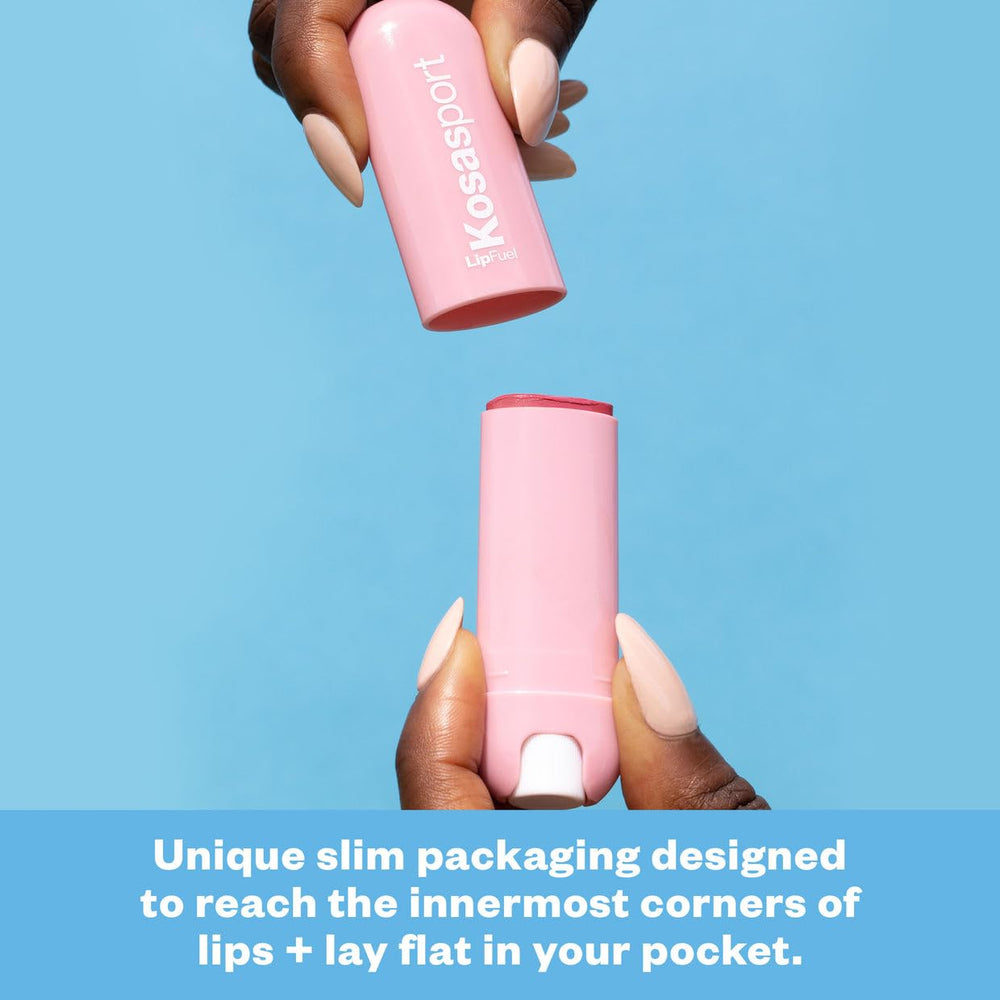 Kosas Lipfuel slim pocket design enables portable lip care during activity.
