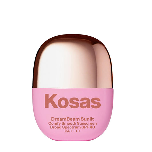 Kosas DreamBeam travel bottle front view, lightweight base for makeup prep.