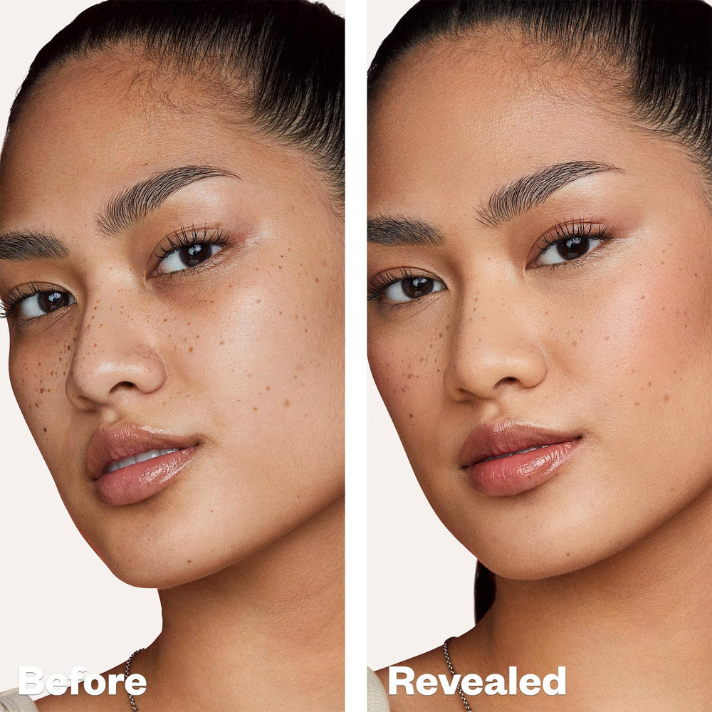 Kosas Revealer application with fingers demonstrates lightweight, breathable coverage