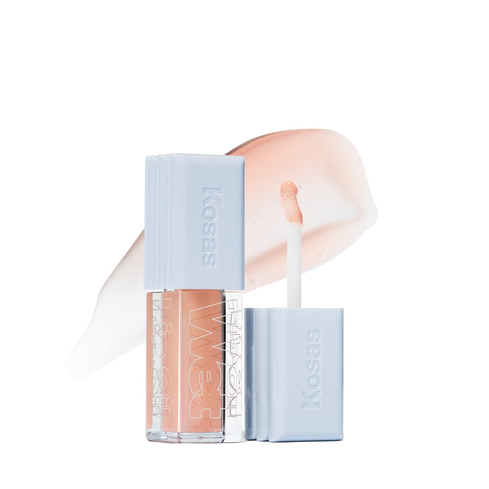 Kosas Wet Lip Oil Gloss bottle close-up showing hydrating, plumping formula.