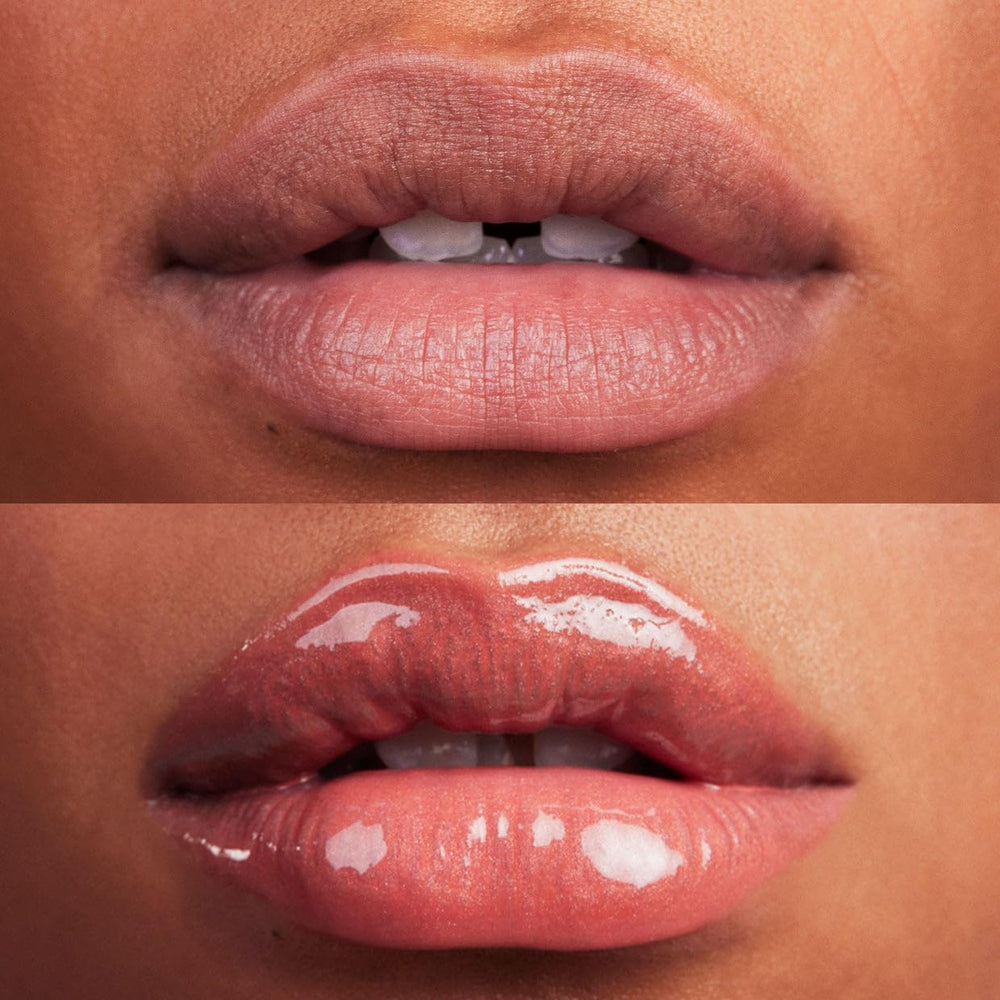 Kosas Wet Lip Oil Gloss on lips shows plush texture and juicy shine.