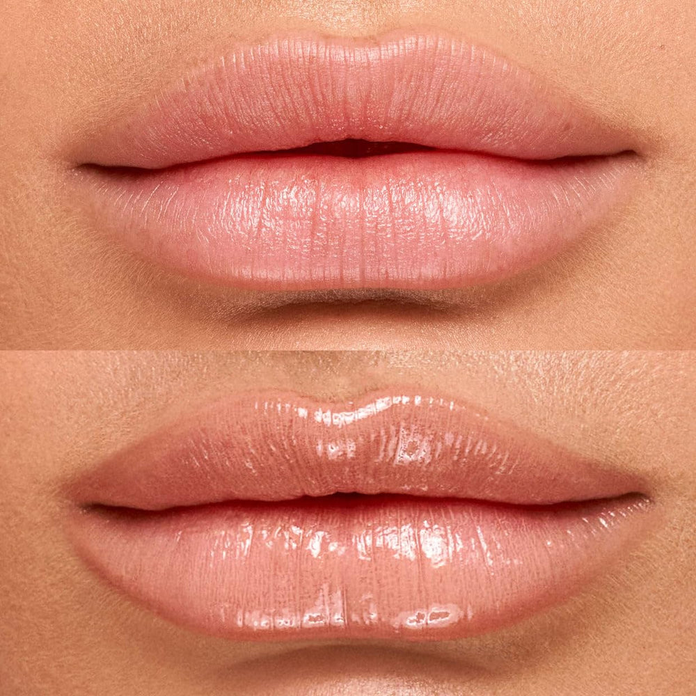 Kosas Wet Lip Oil Gloss on lips demonstrates soft, sheer color payoff.