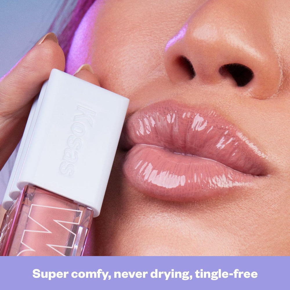 Kosas Wet Lip Oil Gloss on lips demonstrates soft, pillowy shine.