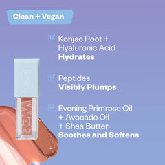 Kosas Wet Lip Oil Gloss packaging banner highlights vegan, cruelty-free claim.