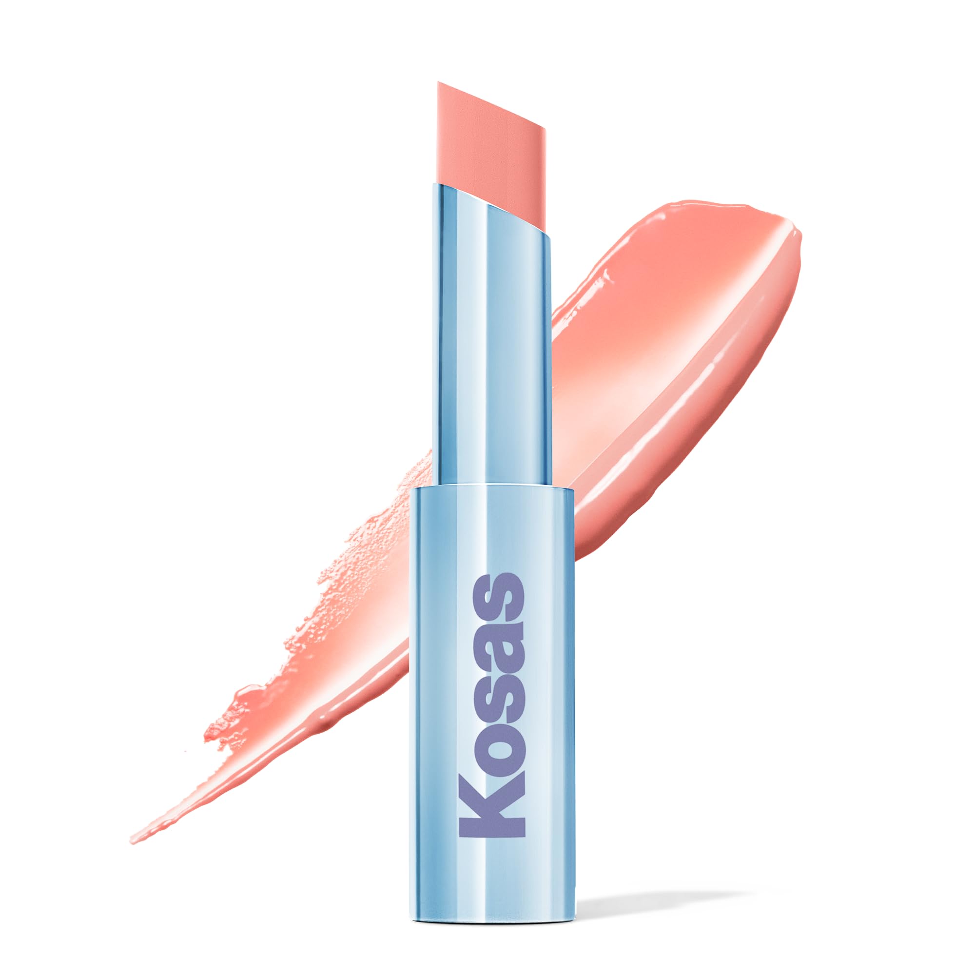 Kosas Wet Stick tube application showing instant hydration and sheer tint on lips.