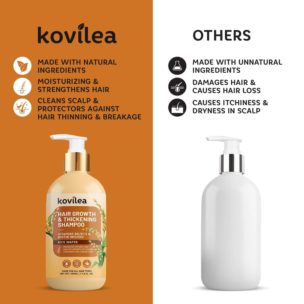 Kovilea Rice Water Shampoo on hair strands shows elasticity and volume.