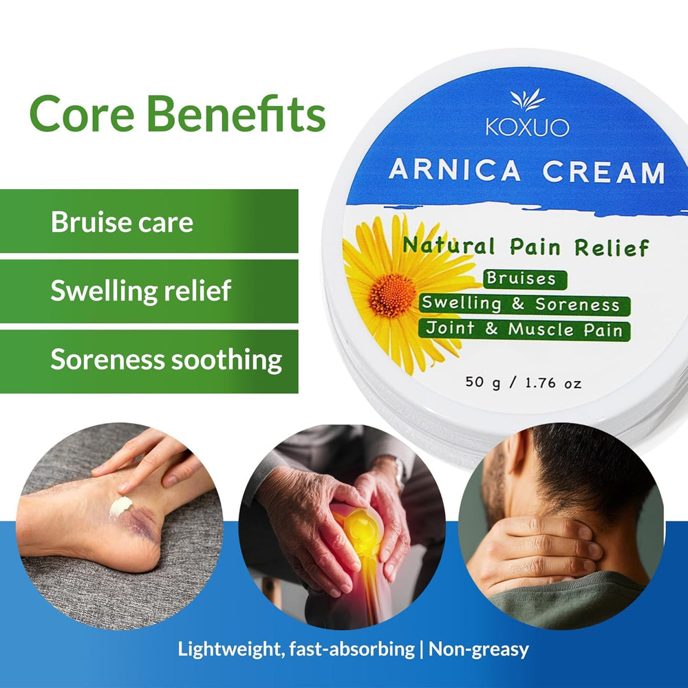 KOXUO Arnica Cream packaging, parabens-free formula highlighted.
