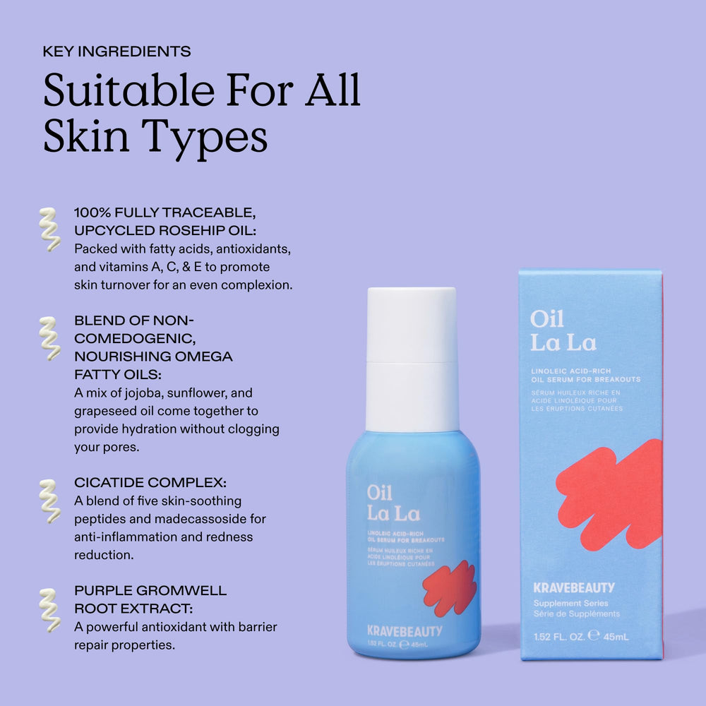 KraveBeauty Oil La La Serum bottle close-up on recyclable packaging