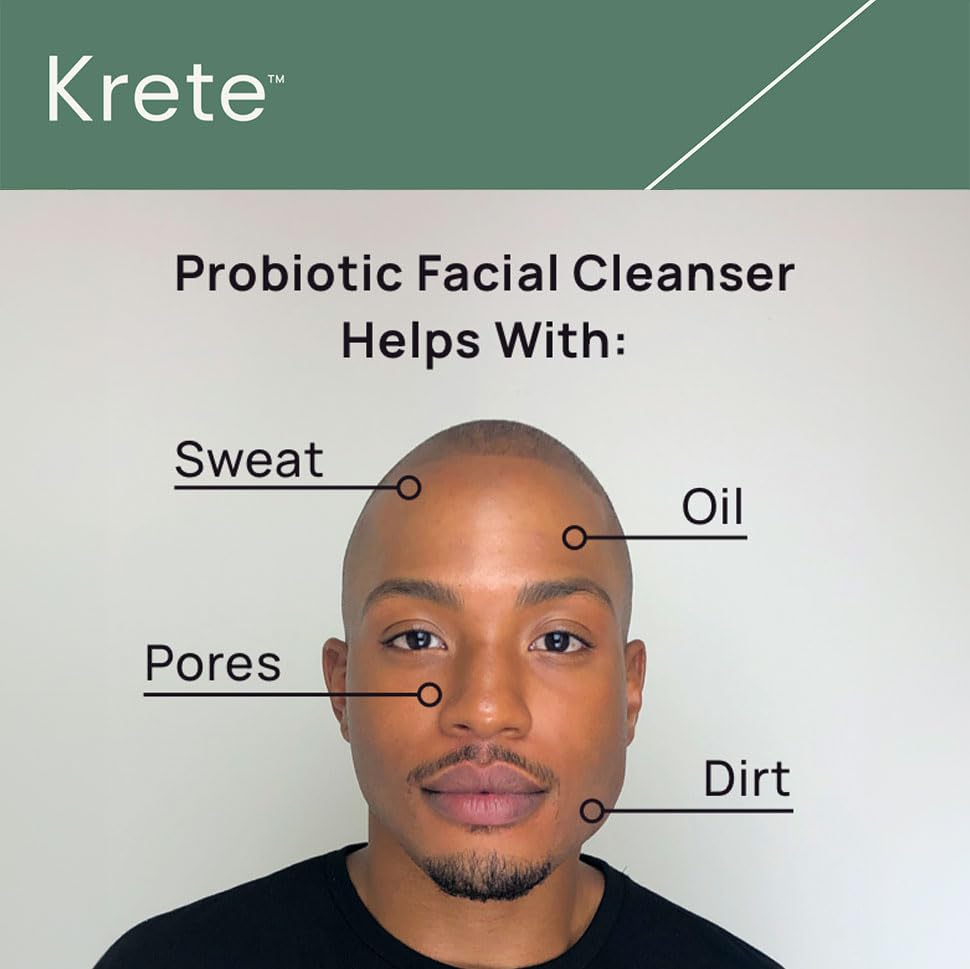KRETE Probiotic Facial Cleanser skin balance illustration emphasizes microbiome-friendly care.