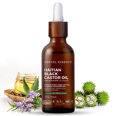 KREYÒL ESSENCE Haitian Black Castor Oil bottle shows rich moisture and shine.