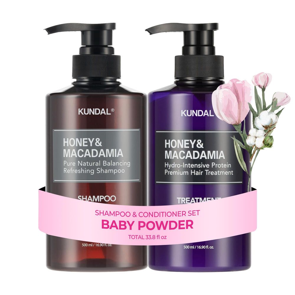 KUNDAL Baby Powder shampoo bottle showing sulfate-free cleansing for gentle daily care.