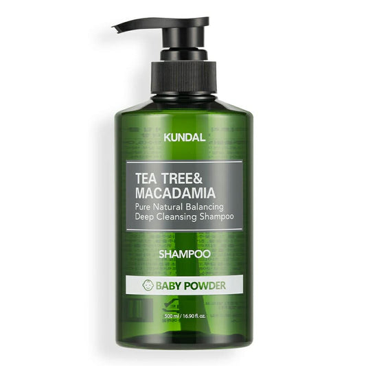 KUNDAL Baby Powder Tea Tree & Macadamia shampoo bottle offering a refreshing cleanse for sensitive scalps