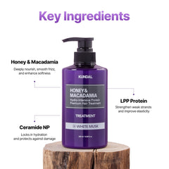 Wet-hair scene showing cleansing and hydration with Honey & Macadamia.