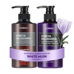 KUNDAL White Musk shampoo bottle with lasting scent for daily use.
