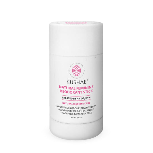 Kushae feminine deodorant stick packaging front for on-the-go freshness.