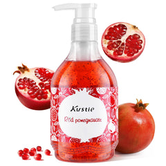 Kustie Pomegranate Jam Body Wash bottle pouring for a refreshing cleanse
