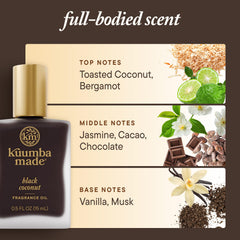 Kuumba Made Black Coconut fragrance oil packaging emphasizes cruelty-free and vegan credentials.