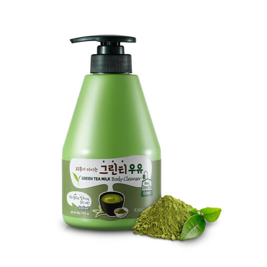 Kwailnara Green Tea Milk Body Wash bottle pour shows a calming, refreshing lather.