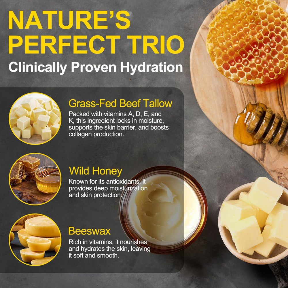 KZUO Grass-fed beef tallow ingredients illustrate natural skincare base.