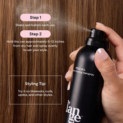 L'ANGE HAIR Hold-All finish on styled hair shows a light, crunch-free result.