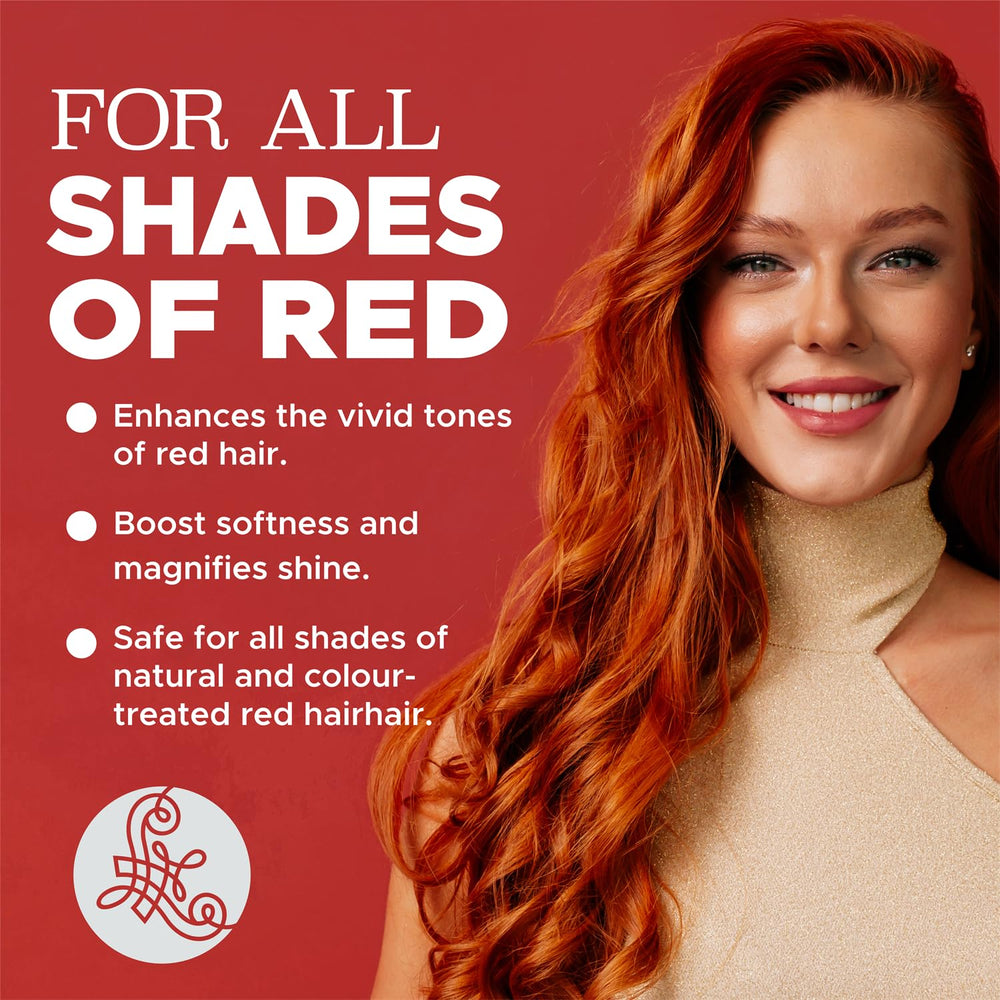 l-luseta red conditioner bottle closeup, demonstrating detangling and radiant red hair.